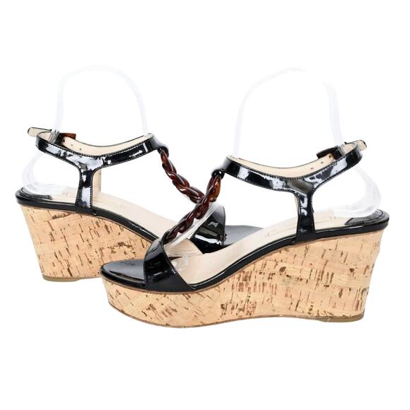 Prada 10 Chain Link Platform Cork Wedges Patent Leather T-Strap Sandals Black 40 - Picture 5 of 13